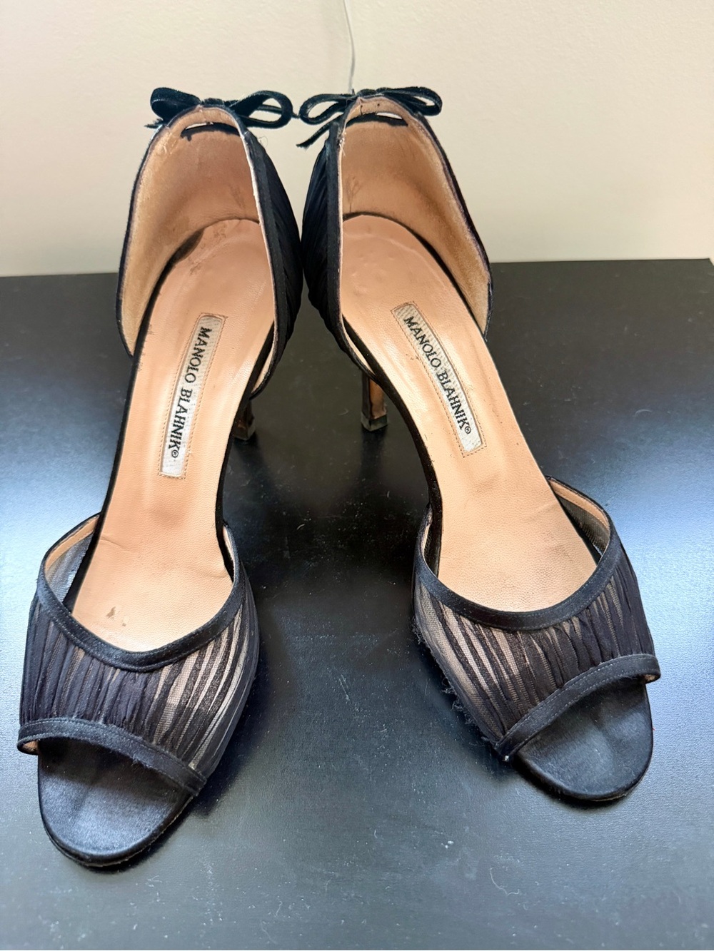 Manolo Blahnik Black Pleated Open Toe Heels 👠
